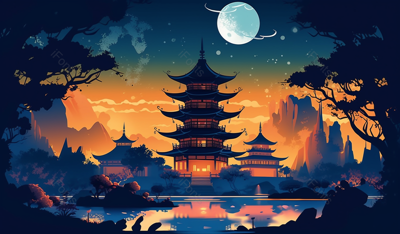 夜幕下的古建筑手绘背景,插画/手绘图,插画/手绘图库,插画/手绘图下载,插画/手绘